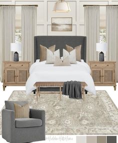 a bedroom is shown with neutrals and browns in the color scheme, along with gray furniture