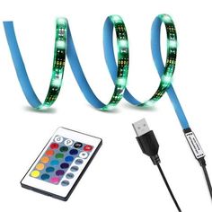 an image of some lights and remotes on a white background with blue cords around it