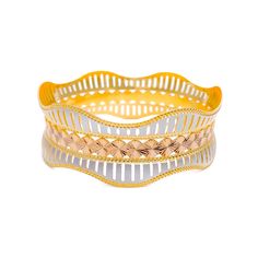 This 22k gold bangle stands out with its vibrant and majestic design, showcasing a beautiful combination of yellow, white, and rose gold finishes. The piece boasts a substantial weight of 37.00 grams, highlighting its premium quality and craftsmanship. With a size of 2.7 and an opening of 2.45 inches, it ensures a comfortable and secure fit for those with larger wrist sizes. This single bangle is an embodiment of luxury and elegance, making it an ideal choice for individuals who appreciate the i Traditional Rose Gold Bangle Bracelets, Traditional Rose Gold Bangle Bracelet, Yellow 22k Gold Bangle With Intricate Design, Gold Fusion Bangle With Intricate Design, Yellow Gold Bangle Bracelet With Intricate Design, Fusion Style Gold Bangle Bracelets, Gold Dual-tone Bangle For Gift, Gold Dual-tone Bangle As A Gift, Gold Fusion Bangle Bracelets