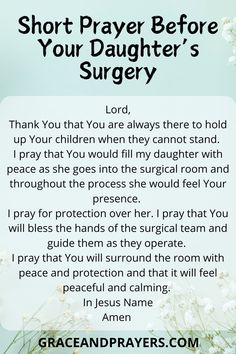 a prayer card with the words,'short prayer before your daughter's surgery '