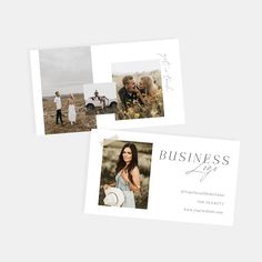 two business cards with an image of people in the background and one has a photo on it