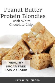 Healthy Blondies, Healthy White Chocolate, Protein Blondies, Low Calorie Peanut Butter, White Chocolate Brownies Recipe, Keto Protein Powder, White Chocolate Desserts, Blondie Recipe, Low Cal Dessert