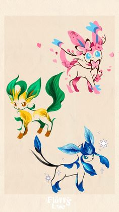 three different colored pokemons are depicted in this drawing