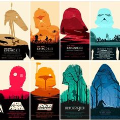 star wars movie poster art print featuring the characters in various colors and silhouettes, including darth vader