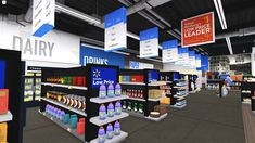 an artist's rendering of the inside of a store with shelves and displays for products