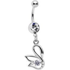 14 Gauge (1.6mm), 7/16" (11mm), 316L Surgical Grade Stainless Steel Curved Barbell, Cubic Zirconia Gem, 5mm-8mm Ball Ends Clear CZ Gem Floating Modernist Swan Dangle Belly Ring A floating swan contains a floating surprise! This 14 gauge navel ring is made with a 7/16" durable 316L surgical grade stainless steel curved barbell and has a clear gem set into the bottom ball end. Dangling from that is an elegantly modernist swan, with three small clear gems set at its breast. But what is that dancing Belly Button Piercing Jewelry, Belly Piercing Jewelry, Jewelry Promotion, Country Rings, Navel Jewelry, Dangle Belly Rings, Navel Ring, Button Rings, Belly Button Ring