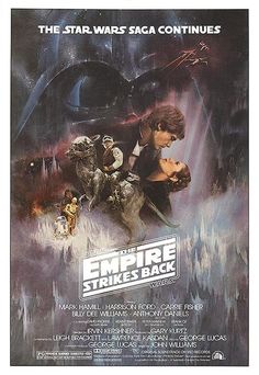 the poster for star wars saga continues, with luke and leion hugging in front of darth vader