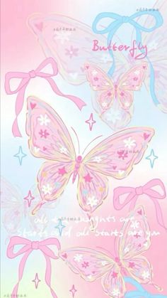 some pink and blue butterflies with stars on them in the sky, as well as an inscription