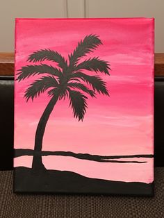 a painting of a palm tree on a pink and black background