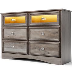 a wooden dresser with drawers and gold glass inserts on the top drawer, against a white background