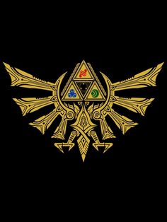 the legend of zelda's emblem is shown in gold on a black background