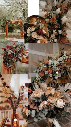 an assortment of flowers and foliage in vases