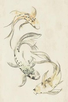 two koi fish swimming side by side on a white paper with watercolors