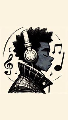 a drawing of a man with headphones and music notes on his earpieces