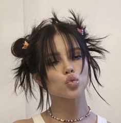 Hair Looks Y2k, Updo Hairstyles With Clips, Spiked Space Buns, Filipino Red Hair, Short Hairstyle Women Y2k, Hair Barets, Y2k Hair Short, Low Pigtail Hairstyles, Funky Hair Styles