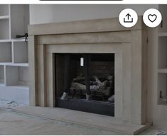 an image of a fireplace being built in a living room with shelves on either side