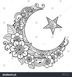 the moon and stars are decorated with flowers on a white background coloring pages for adults