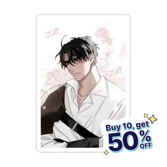 an anime character with black hair and white shirt is shown in front of a 50 % off sale sign