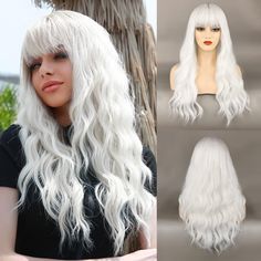 PRICES MAY VARY. High-quality materials:This long wavy white wig for women is made of high quality heat resistant synthetic fibers. It looks like human hair and feels soft and smooth. When you wear this long wavy white wig with bangs. Breathable stretch mesh for your comfort. You can trim, wash, durable enough to last a long time. Natural and Comfortable:This white wig for women is silky smooth against the skin, super soft and natural looking. Lightweight and easy to wear, a new style that saves White Wig With Bangs, White Wig, Rave Hair, Wavy Wigs, Wave Wig, Best Wigs, Wig With Bangs, Long Wavy Hair, Wigs For Women