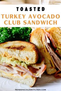 turkey avocado club sandwich on a plate with broccoli