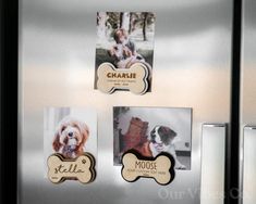 three magnets on the side of a refrigerator with pictures of dogs and their names