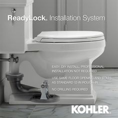 This WaterSense-labeled high-efficiency toilet delivers water conservation and easy installation in a sleek, skirted design. The Cimarron two-piece skirted toilet utilizes Kohler's patented new ReadyLock installation system for easier, more intuitive installation. The skirted trapway installs to the floor flange and attaches to the toilet, eliminating the need to drill holes for a standard 12-in rough in while offering the same secure installation as non-skirted toilets. KOHLER Cimarron Biscuit Self Cleaning Toilet, Floor Outlet, White Toilet, Bath Redo, Cleaning Tablets, Water Efficiency, Chair Height, Toilet Cleaning, Hardware Finishes