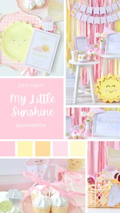 a pink and yellow baby shower party with cupcakes, cake, napkins and other items