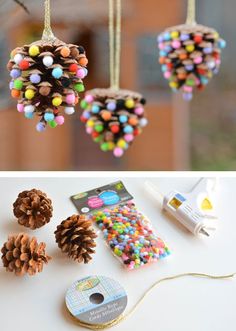 pinecone ornaments are hanging from the ceiling and decorated with beads, sprinkles, and glue