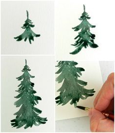 the process of painting a pine tree with watercolors on white paper, and then using green ink