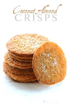 coconut almond crispes stacked on top of each other with the words coconut almond crispes