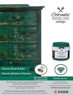 a green dresser with the words eco paint on it and a jar of beeswax