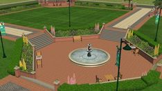 an artist's rendering of a small park with a fountain in the center and benches around it