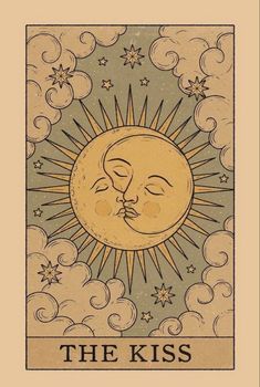 the kiss tarot card with an image of a sun and moon on it, surrounded by clouds