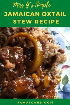 a plate filled with rice and meat covered in gravy next to green lettering