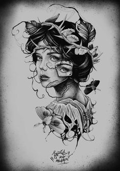 a black and white drawing of a woman with flowers in her hair