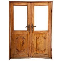 an old wooden double door with two glass panels on the front and side doors, isolated against a white background