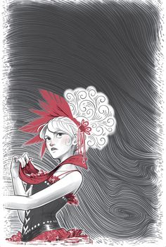 a drawing of a woman with red hair and a scarf on her head, standing in front of a black background