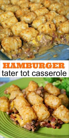 hamburger tater tot casserole on a green plate with lettuce