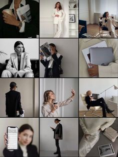 a collage of photos with people in suits and ties, one woman holding a cell phone