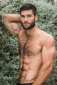 a shirtless man standing next to a bush with his hand on his head and looking at the camera