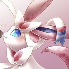 a drawing of a rabbit with blue eyes and pink ears, holding a black object in its hand