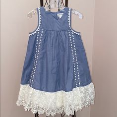 Artisan Ny Girls Denim Blue Color Dress With Beautiful Off White Lace Trim. Size 3t 100% Cotton With Lining Sleeveless Denim Playtime Dress, Cute Blue Dress With Lace Trim, Denim Dress Summer, Blue Colour Dress, Summer Flower Dress, Embroidered Shirt Dress, Dress With Lace Trim, Blue Cotton Dress, Girls Blue Dress