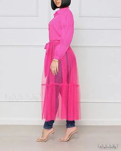 Lasaky - Button Front Long Sleeve Sheer Mesh Shirt Dress Button-up Maxi Dress For Summer Parties, Summer Party Button-up Maxi Dress, Summer Party Maxi Dress With Button-up Front, Summer Party Maxi Dress With Button-up Design, Casual Button-up Maxi Dress For Party, Casual Sheer Maxi Dress For Spring, Spring Sheer Long Sleeve Maxi Dress, Sheer Long Sleeve Maxi Dress For Casual Wear, Pink Shirt Dress For Spring Party