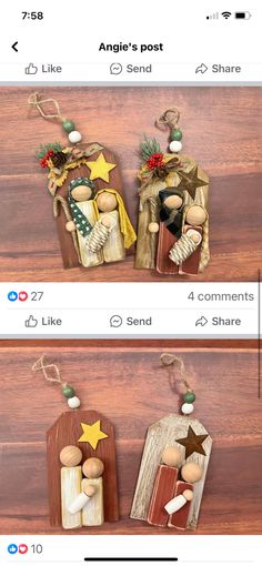 two christmas ornaments hanging from the side of a wooden board with text that reads angel's post