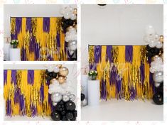 balloons and streamers are on display in front of a backdrop that is yellow, purple, and white