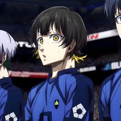 three anime characters in blue uniforms standing next to each other