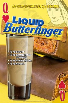 the front cover of liquid butterfingerer, with chocolate bars and a drink in it