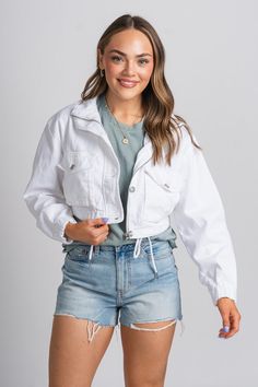 Denim crop jacket white – Trendy Jackets | Cute Fashion Blazers at Lush Fashion Lounge Boutique in Oklahoma City Cropped Denim Jacket Outfit, Denim Crop Jacket, Trendy Blazers, Crop Denim Jacket, Cute Blazers, Denim Jacket Outfit, Trendy Jackets, Cropped Denim Jacket, Under Dress