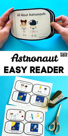 an astronaut easy reader is shown with scissors and paper cut out to make it look like they are reading