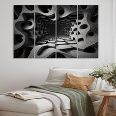 an abstract black and white photo with three panels on the wall, in a living room